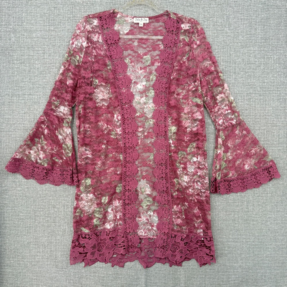 Jolie & Joy Floral Lace Open Front Duster Kimono Women M Pink Bell Sleeve Boho